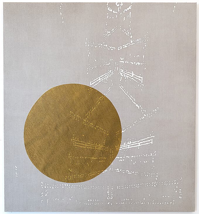 Yellow Planet April 2021, 2024, acrylic on linen, 48h x 44w inches